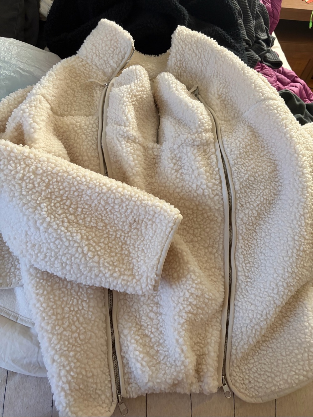 H&M mama before and after baby wearing ivory Teddy Sherpa Zip Jacket